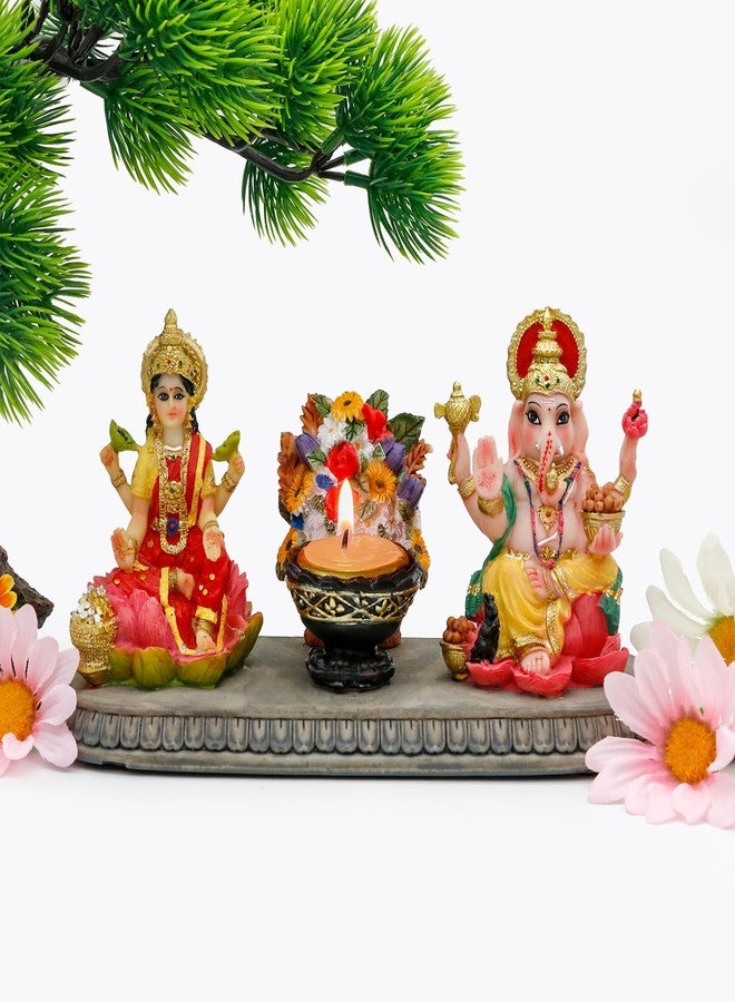 BangBangDa Lakshmi Ganesha Statue with Diya - 4.1" H Polystone Hindu Goddess Laxmi and Ganesa Idol for Diwali/New Year/Birthday/Wedding Gift for Indian Home Temple Mandir Altar Puja Murti Item - Image 2